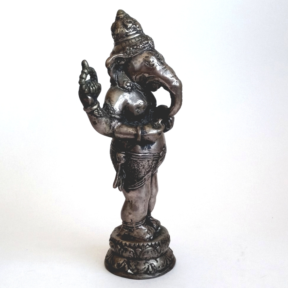 Antique Pewter Bronzed Brass Aged Silver Ganesh Statue 9" Tall - Picture 3 of 11